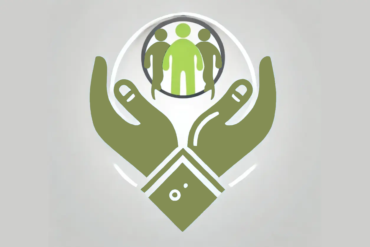 A green logo with hands holding people in the center.