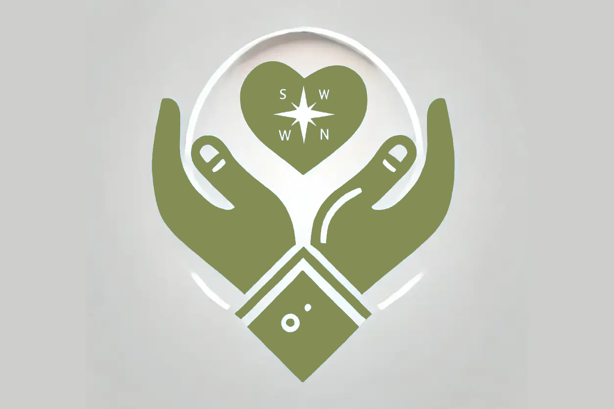 A green icon of hands holding a heart with a compass inside it.